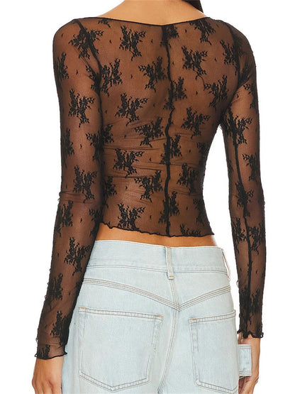 Lace Long Sleeve Asymmetrical Hem Crop Mesh See Through Black Slim T-shirts