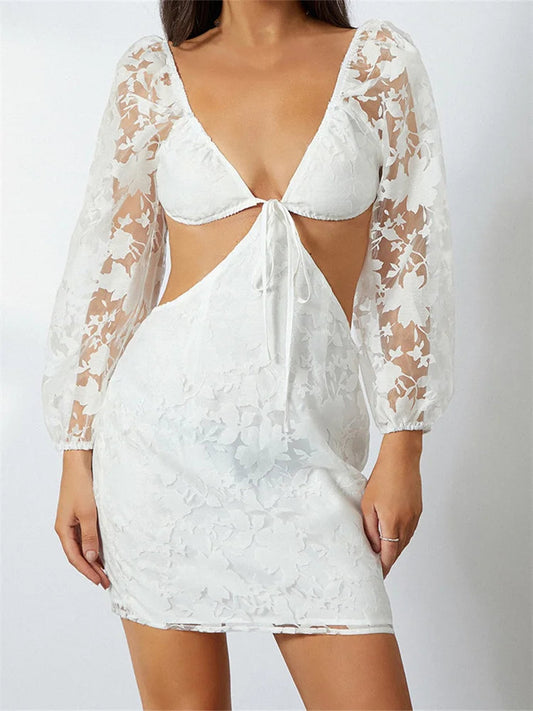 Long Sleeve V Neck Tie-up Backless See Through Mini Dresses