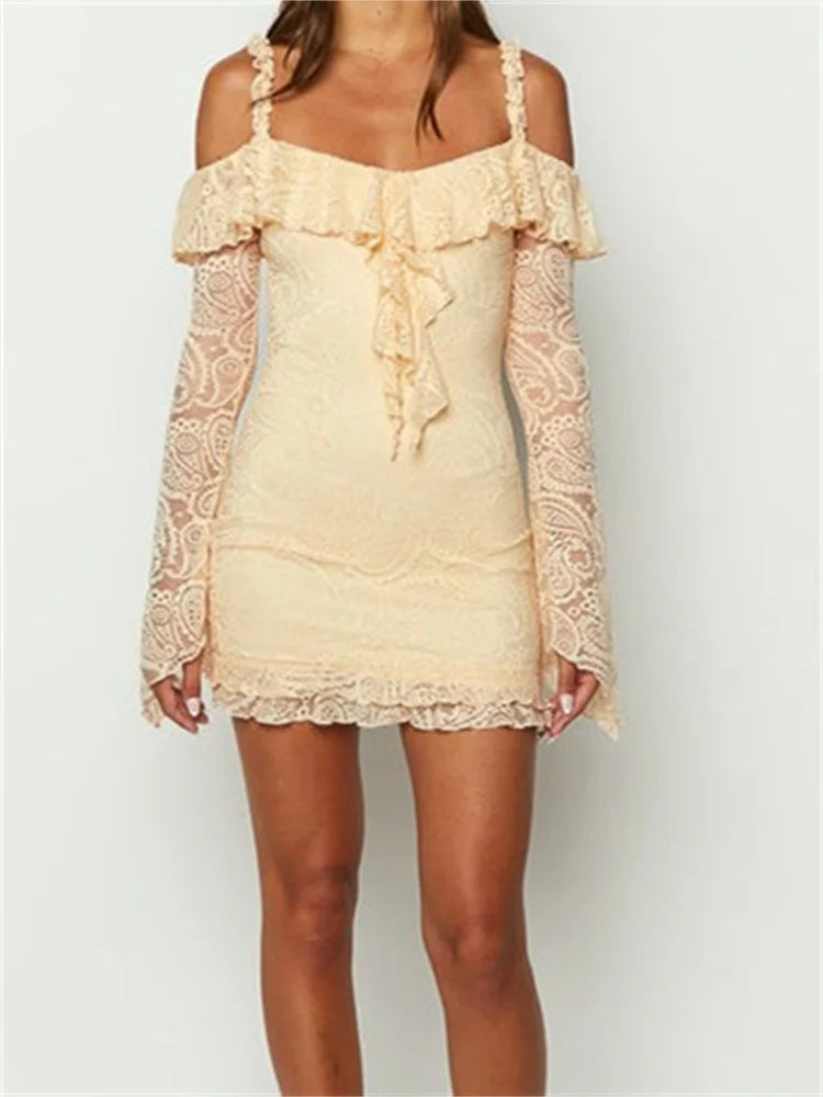 Romantic Lace Off-shoulder Ruffled Mini Dresses