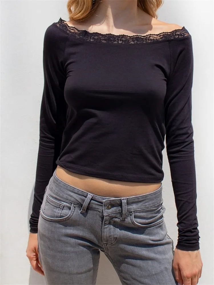 Lace Patchwork Long Sleeve Round Neck Spring Fall Slim Fit T-shirts