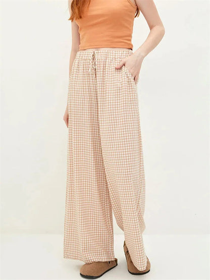 Plaid High-waisted Drawstring Wide Leg Pant