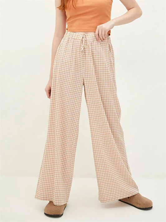 Plaid High-waisted Drawstring Wide Leg Pant