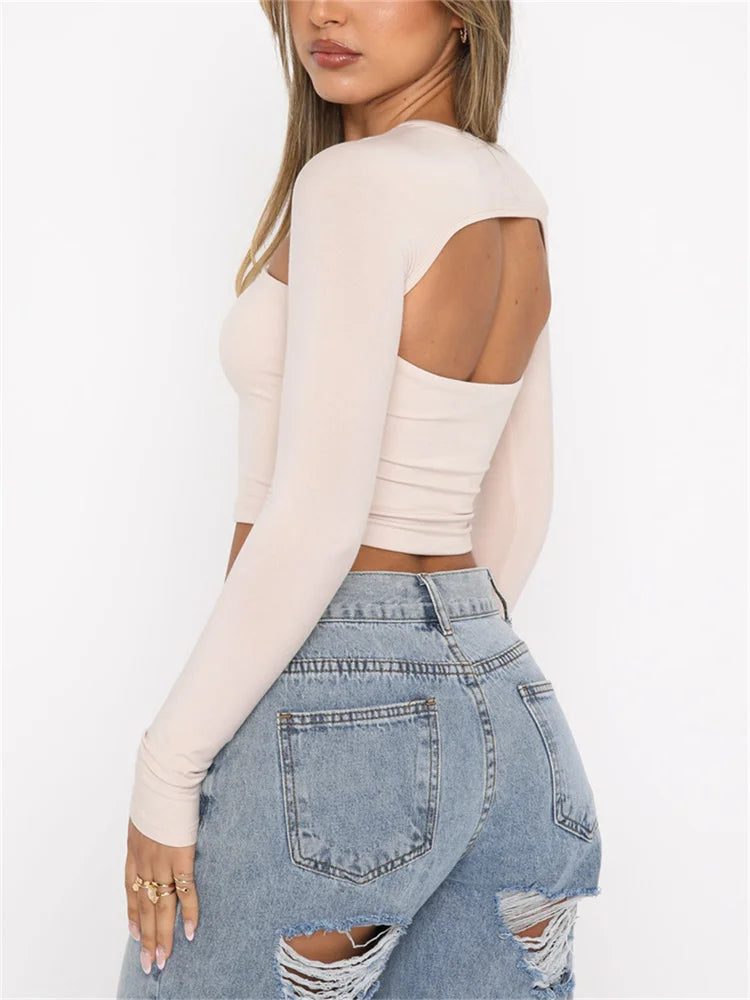 Long Sleeve Cutout Crop Color Backless Slim Fit T-shirts