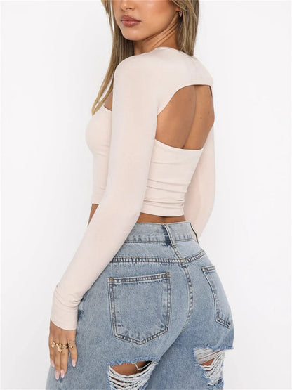 Long Sleeve Cutout Crop Color Backless Slim Fit T-shirts