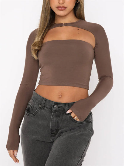 Long Sleeve Cutout Crop Color Backless Slim Fit T-shirts