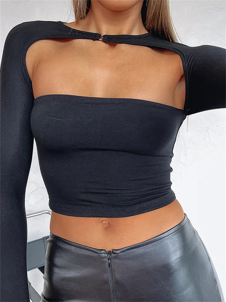 Long Sleeve Cutout Crop Color Backless Slim Fit T-shirts
