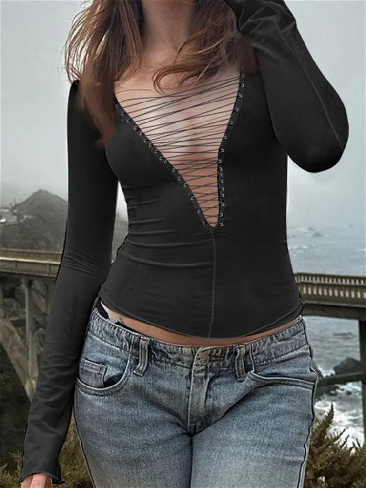 Long Sleeve Deep V-neck Criss-cross Tie-up Spring Fall Slim Fit T-shirts