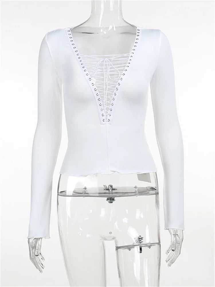 Long Sleeve Deep V-neck Criss-cross Tie-up Spring Fall Slim Fit T-shirts