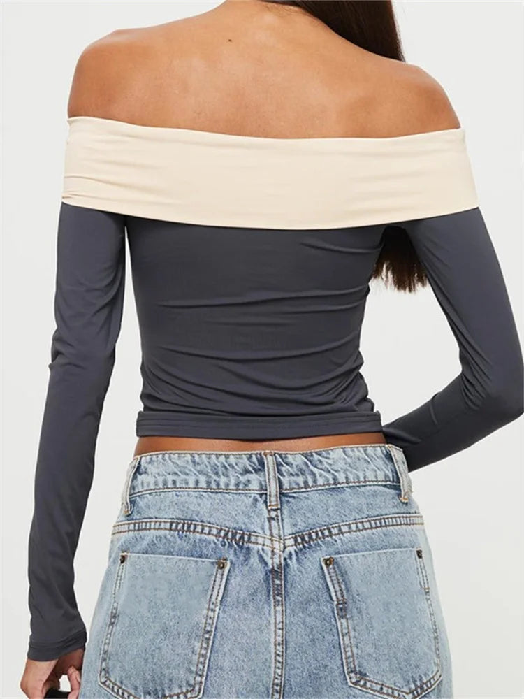 Long Sleeve Crop Contrast Color Off-shoulder Club Aesthetic T-shirts
