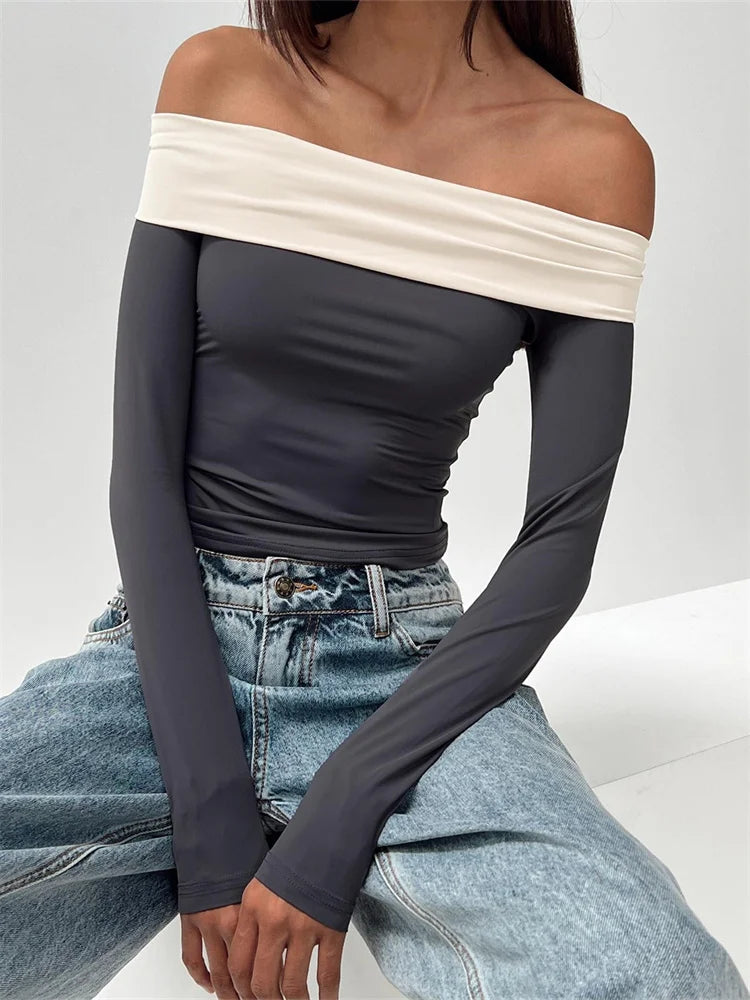 Long Sleeve Crop Contrast Color Off-shoulder Club Aesthetic T-shirts