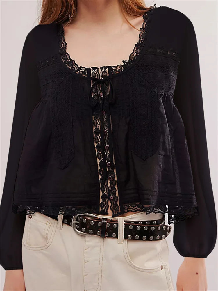 Long Sleeve Loose Lace Patchwork Blouse