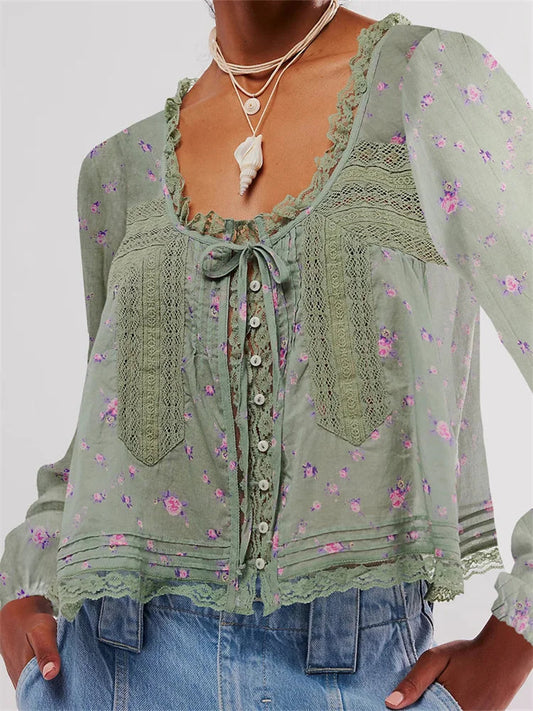 Long Sleeve Loose Lace Patchwork Blouse