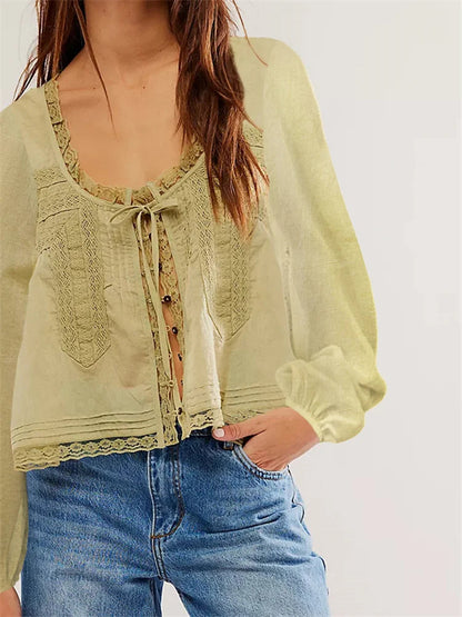 Long Sleeve Loose Lace Patchwork Blouse