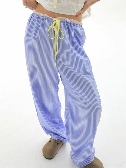 Striped Ruffles Drawstring Elastic Waist Pant