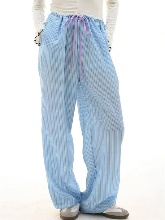 Striped Ruffles Drawstring Elastic Waist Pant