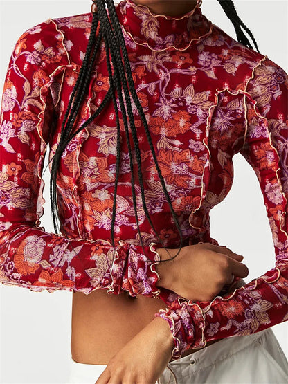 Mesh Slim Fit Ruched Ruffles Print Long Sleeve High Neck Spring Summer T-shirts