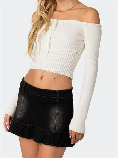 Off-shoulder Crop Knitwear Color Long Sleeve Tie-up Slim Fit T-shirts