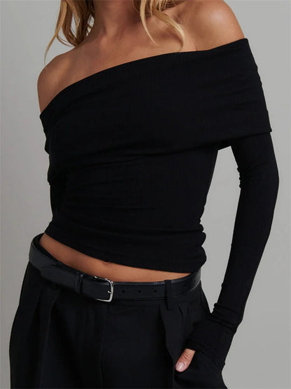 Knitted Ribbed Slash Neck T-shirts