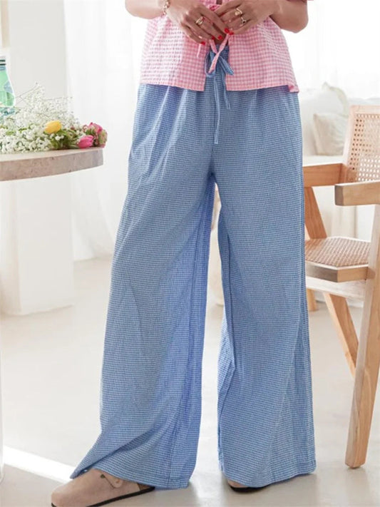 Plaid Print Drawstring Elastic Waist Loose Pant