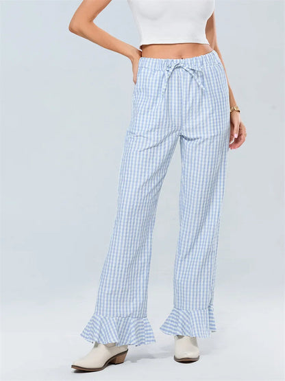 Plaid Flared Drawstring High Waist Pant