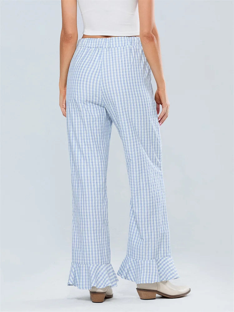 Plaid Flared Drawstring High Waist Pant