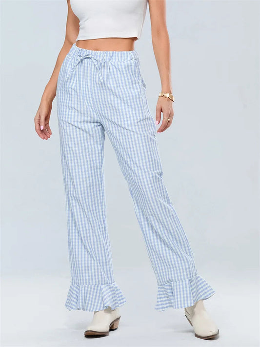 Plaid Flared Drawstring High Waist Pant