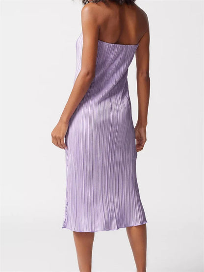 Ruched Tube Strapless Off Shoulder Color Slim Fit Midi Dress