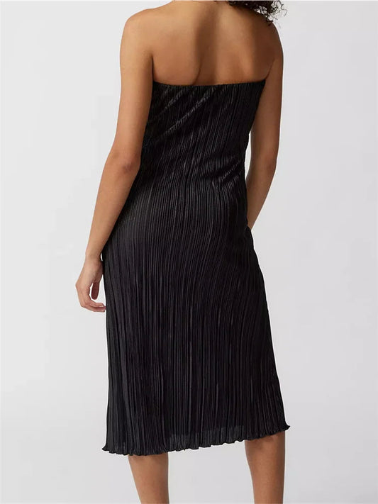 Ruched Tube Strapless Off Shoulder Color Slim Fit Midi Dress