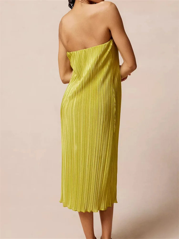 Ruched Tube Strapless Off Shoulder Color Slim Fit Midi Dress