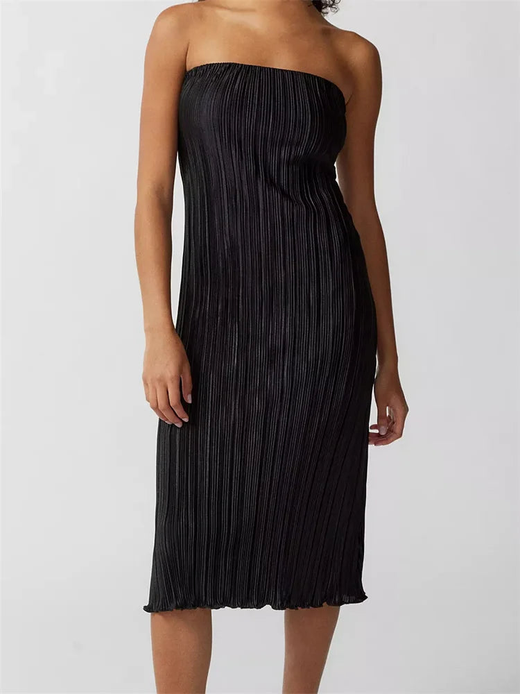 Ruched Tube Strapless Off Shoulder Color Slim Fit Midi Dress