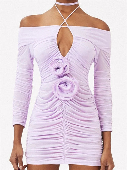 Off Shoulder Long Sleeve Tie-up Mini Dresses