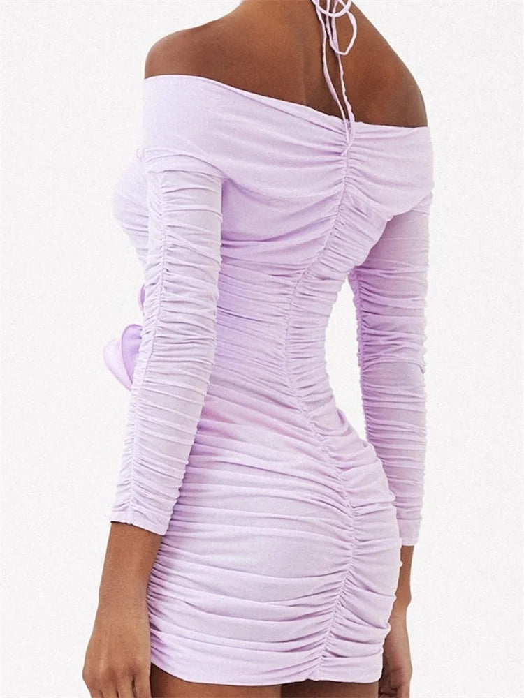 Off Shoulder Long Sleeve Tie-up Mini Dresses
