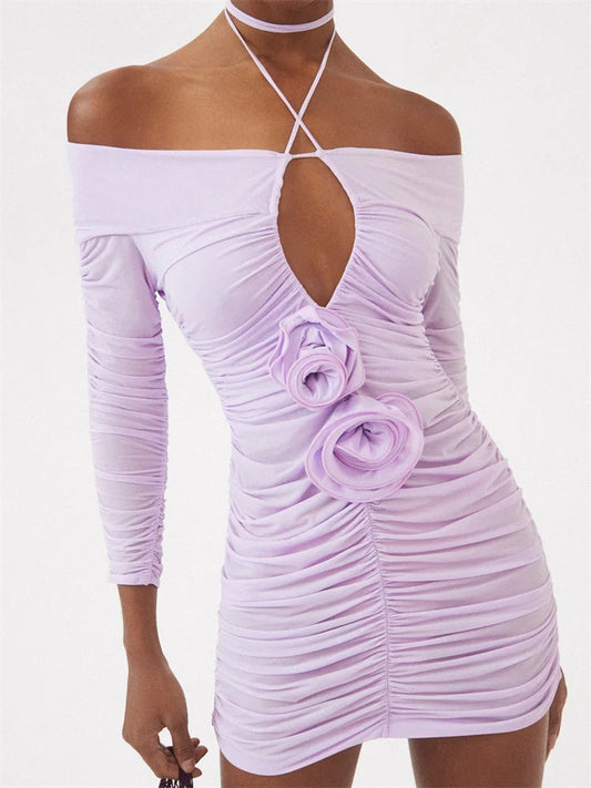 Off Shoulder Long Sleeve Tie-up Mini Dresses