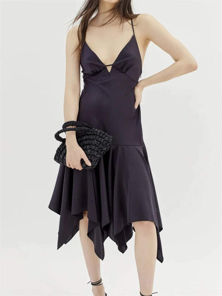 Sleeveless Deep V-neck Backless Criss-cross Pleated Party Midi Dress