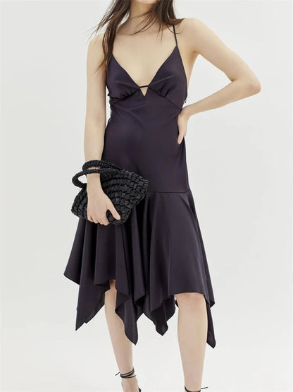 Sleeveless Deep V-neck Backless Criss-cross Pleated Party Midi Dress