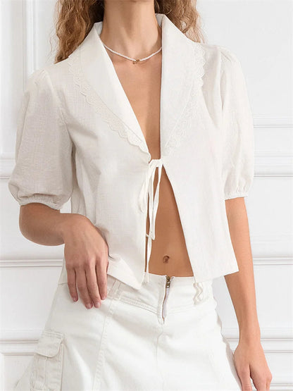Lace Trim Front Tie-up V-neck Blouse