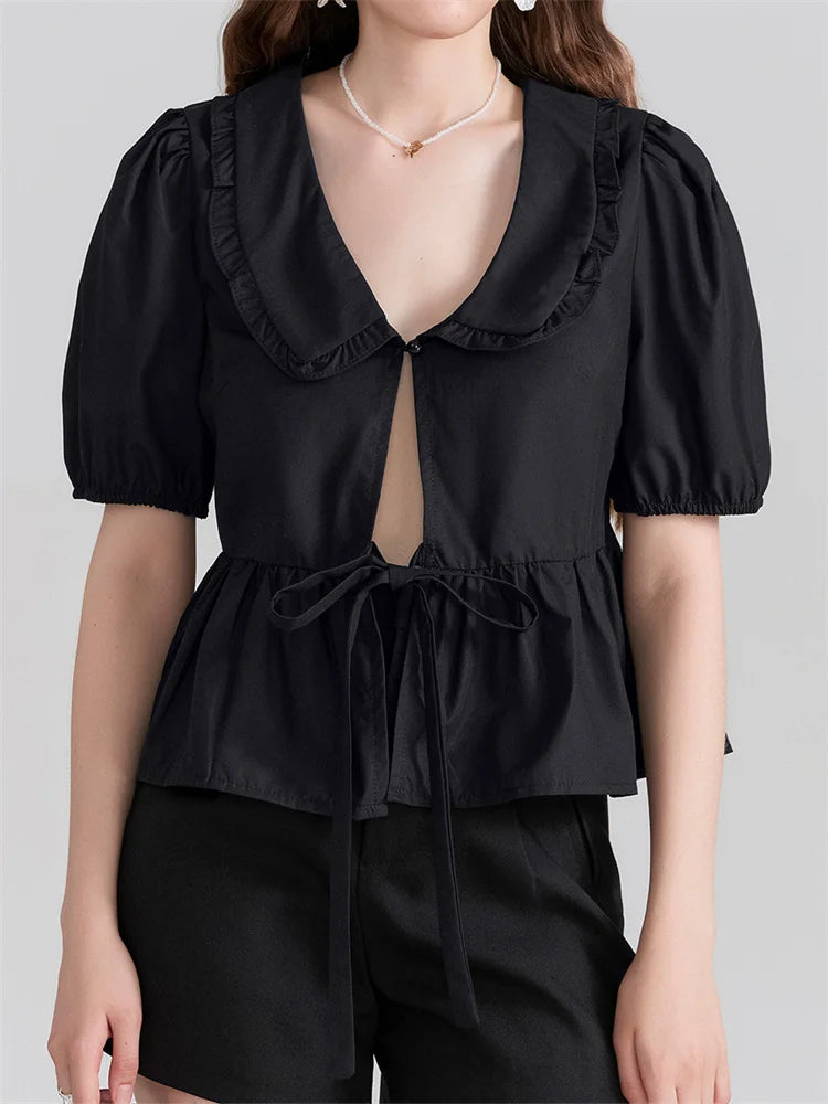 V-neck Front Bowknot Tie-up Blouse