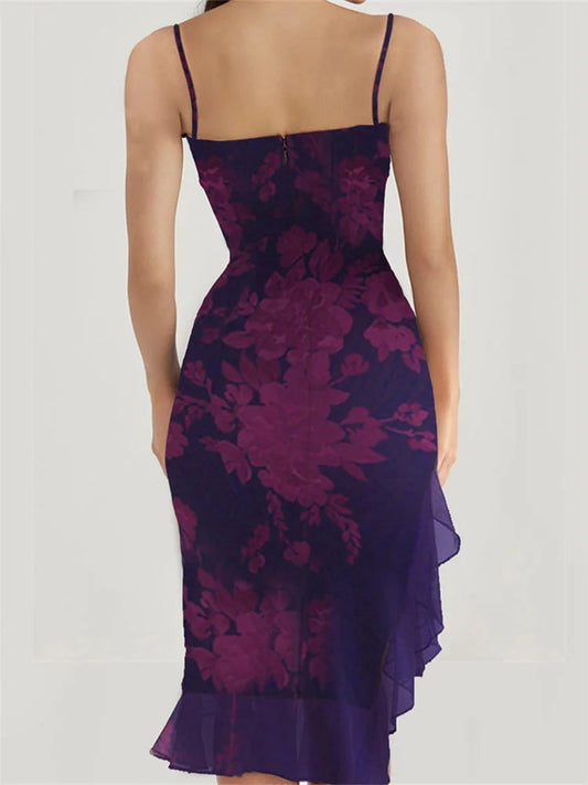 Sleeveless Strap Print Ruffles Irregular Hem Party Midi Dress