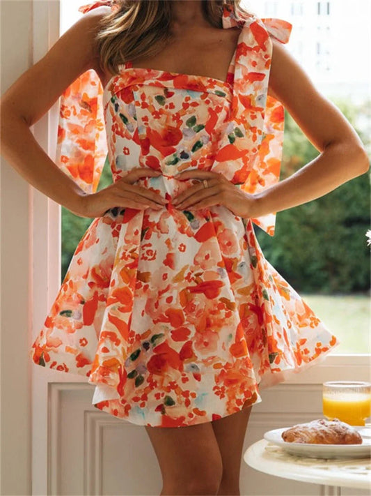 Flower Print Sleeveless Tie-up Mini Dresses