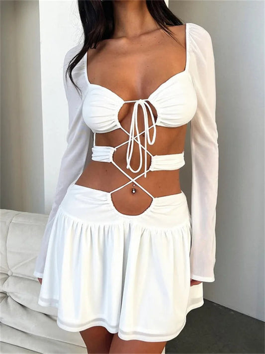 Criss-cross Tie-up Long Sleeve Mini Dresses