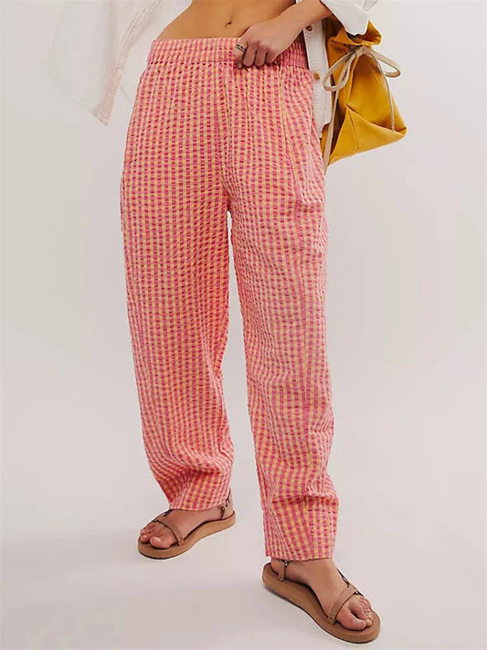 Plaid Print Elastic Waist Loose Wide Leg Pant
