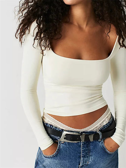 Square Neck Slim Fit Female Basic T-shirts