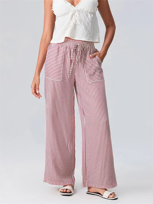 Striped Wide Leg Elastic Waist Loose Street Pant