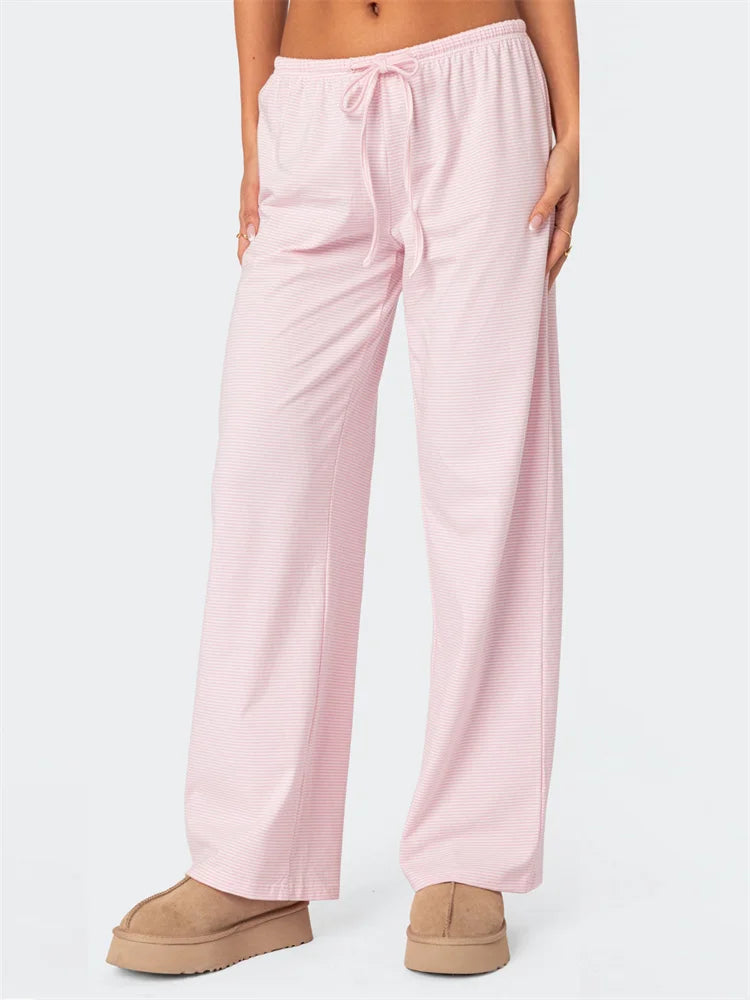 Striped Tie-up Elastic Waist Loose Pant