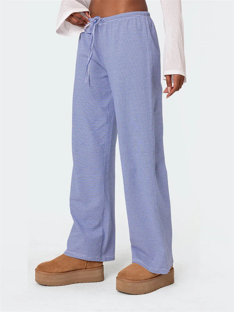 Striped Tie-up Elastic Waist Loose Pant
