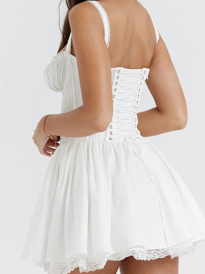 Lace Square Neck Tie-up Mini Dresses