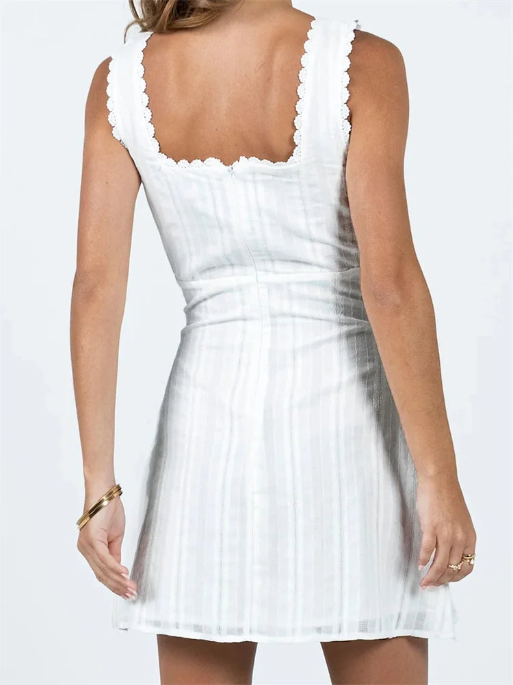 Lace Trim A-line Color Square Neck Mini Dresses