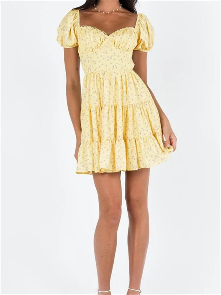 Playful Print Puff Sleeve Mini Dresses