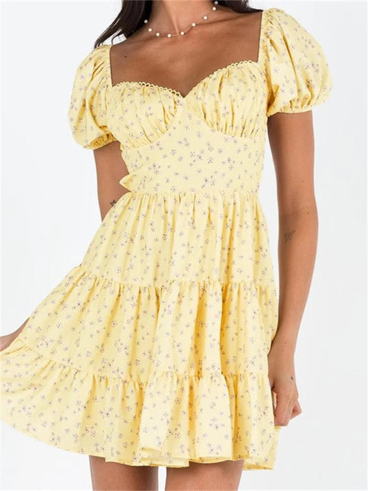 Playful Print Puff Sleeve Mini Dresses