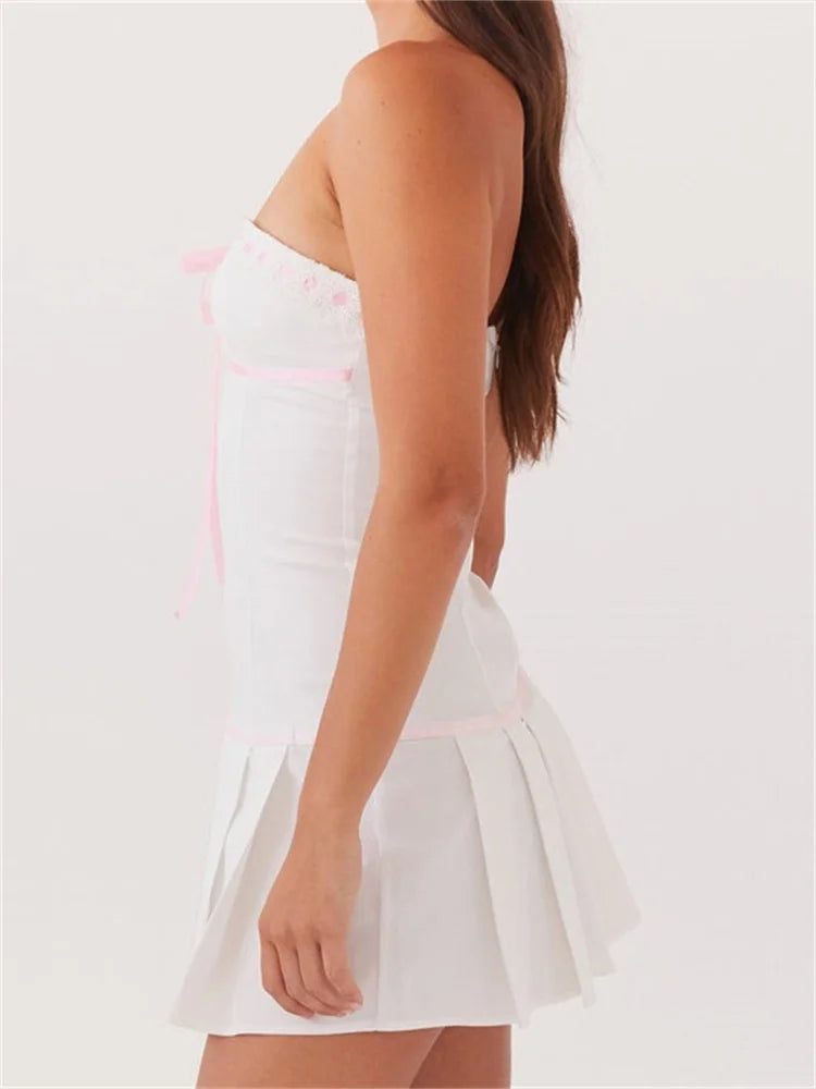 Contrast Color Strapless Bow Front Tie-up Mini Dresses